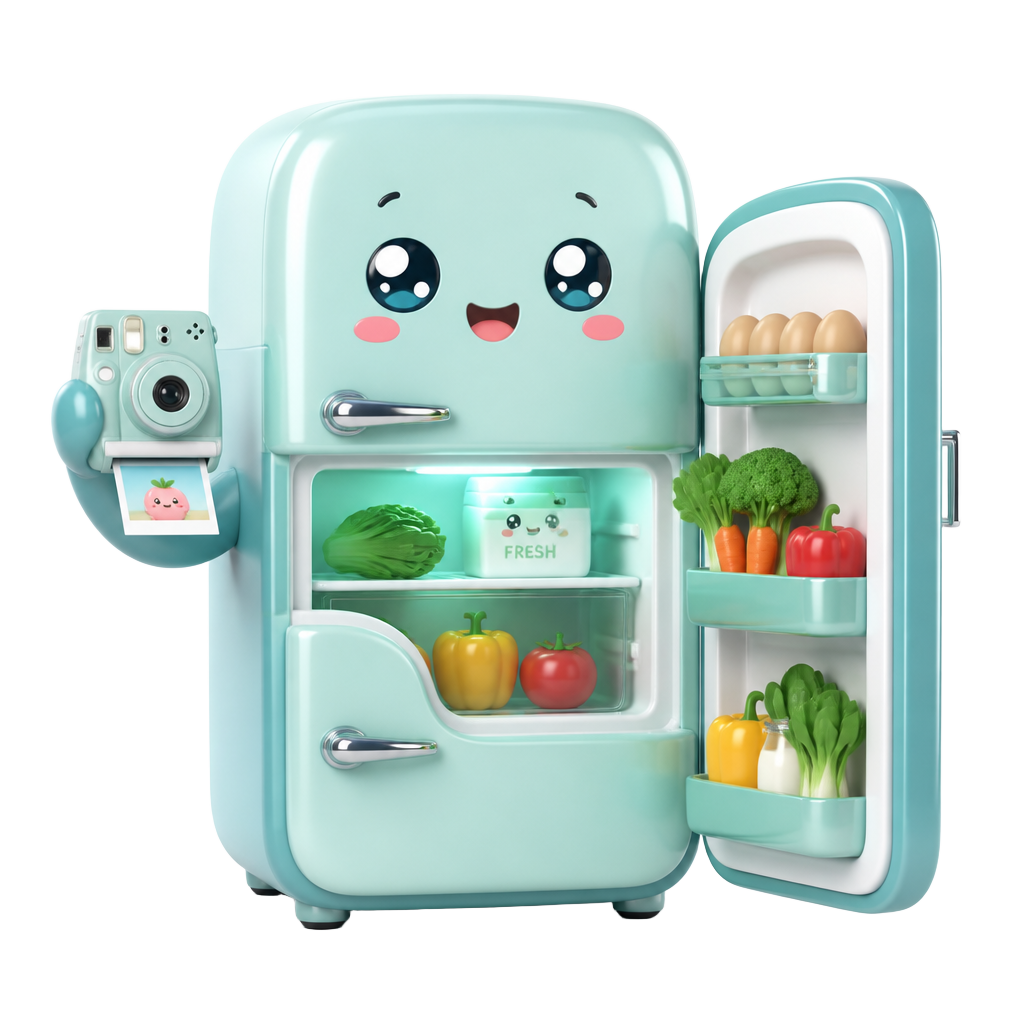 Mascotte frigo kawaii avec appareil photo